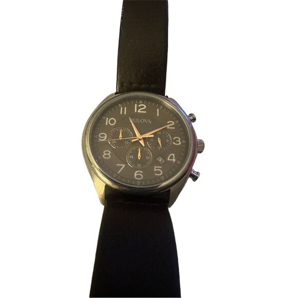 Bulova Men's Chronograph Brown Leather Strap Watch Silver Case Analog - Picture 4 of 4